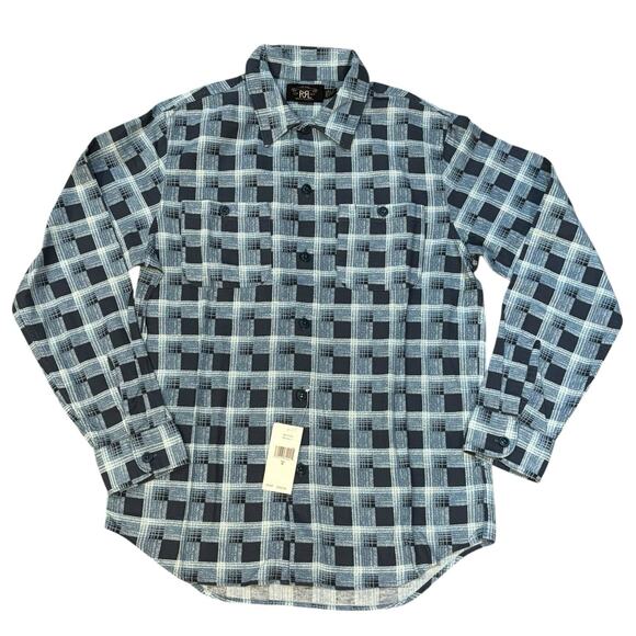 $225 RRL Double RL Ralph Lauren Blue Plaid Cotton Flannel Shirt Mens Size Medium - Picture 1 of 9